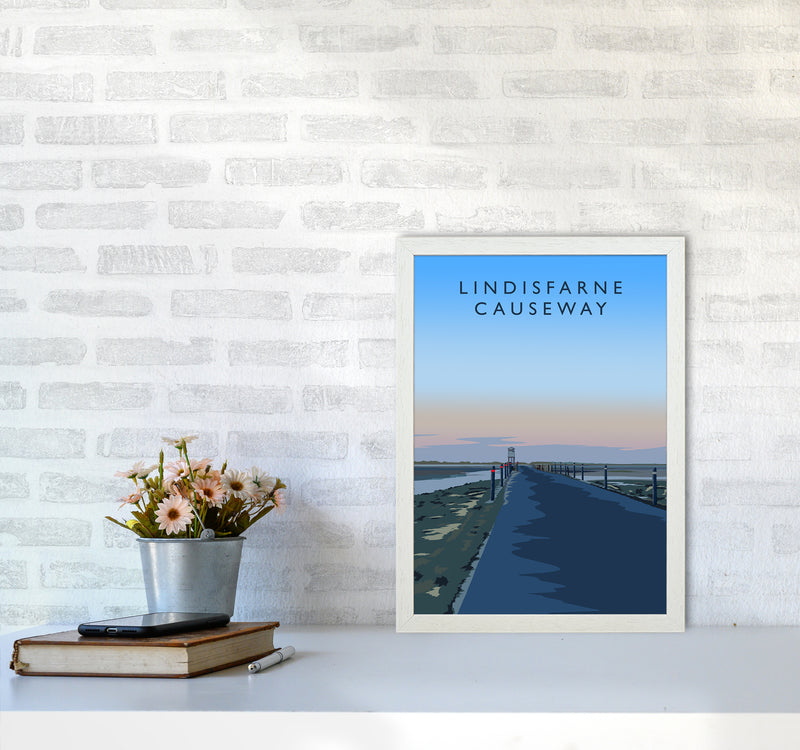 Lindisfarne Causeway portrait Travel Art Print by Richard O'Neill A3 Oak Frame
