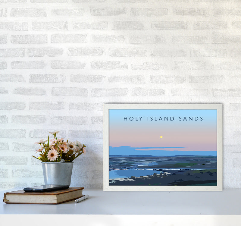 Holy Island Sands Travel Art Print by Richard O'Neill A3 Oak Frame
