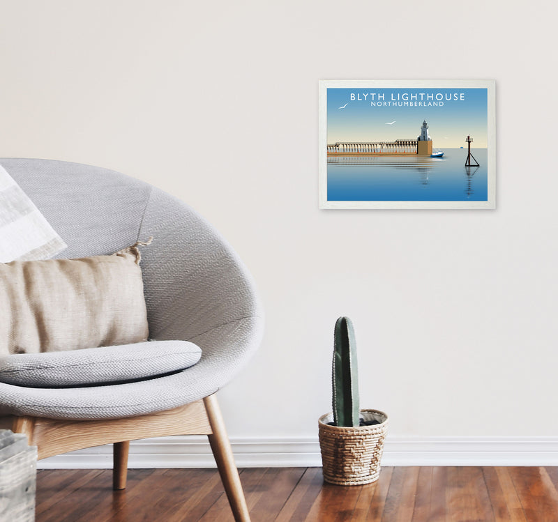 Blyth Lighthouse Northumberland Framed Digital Art Print by Richard O'Neill A3 Oak Frame