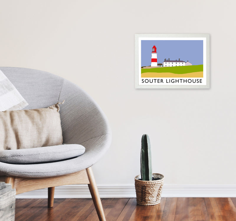 Souter Lighthouse Travel Art Print by Richard O'Neill, Framed Wall Art A3 Oak Frame