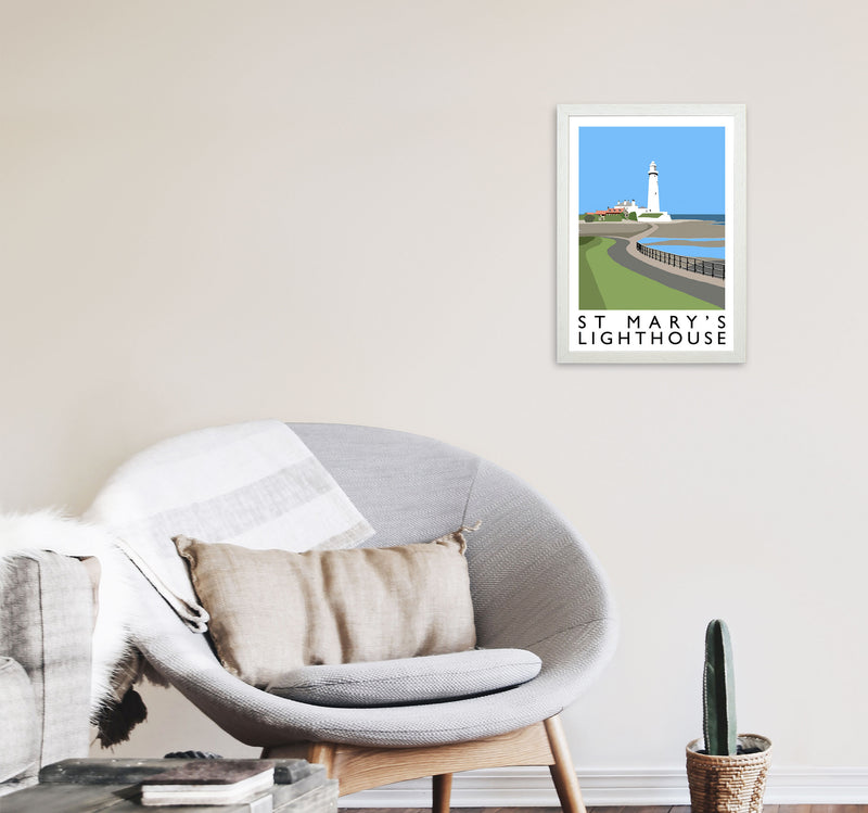 St Mary's Lighthouse Travel Art Print by Richard O'Neill A3 Oak Frame