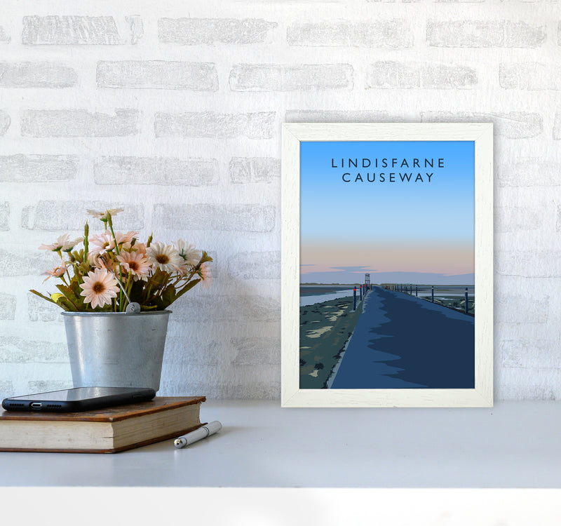 Lindisfarne Causeway portrait Travel Art Print by Richard O'Neill A4 Oak Frame