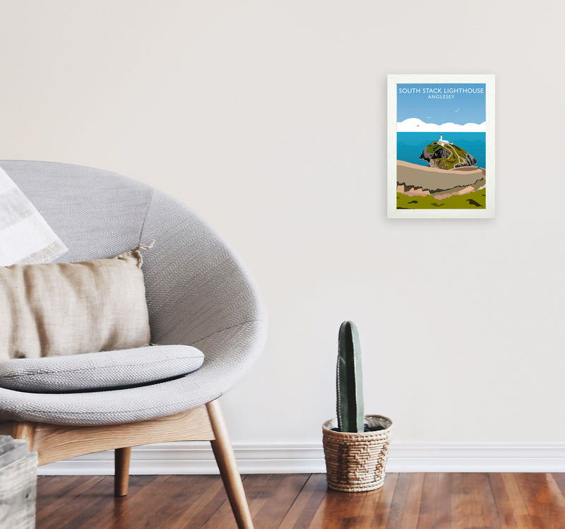 South Stack Lighthouse Anglesey Travel Art Print by Richard O'Neill A4 Oak Frame