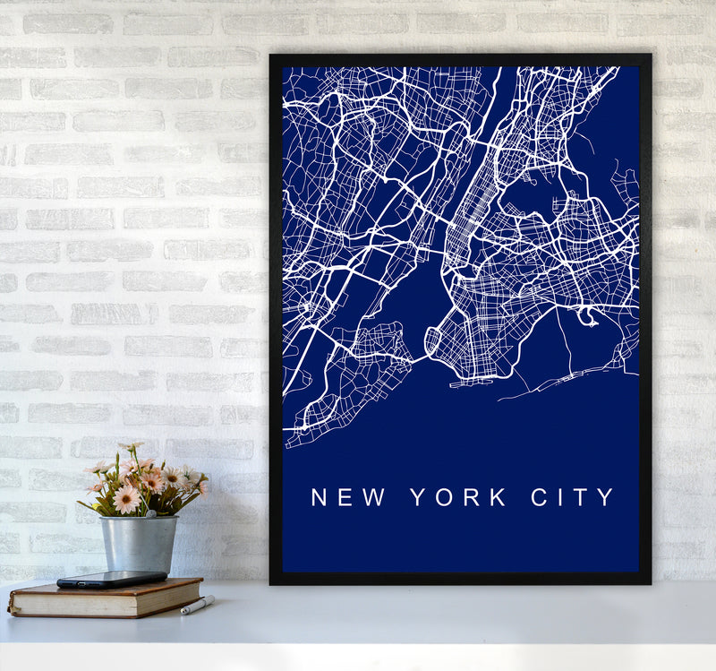 NYC Streets Blue Map Art Print by Seven Trees Design A1 White Frame