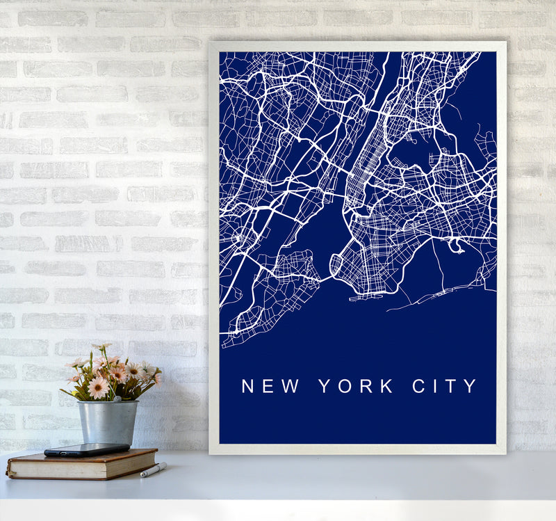 NYC Streets Blue Map Art Print by Seven Trees Design A1 Oak Frame