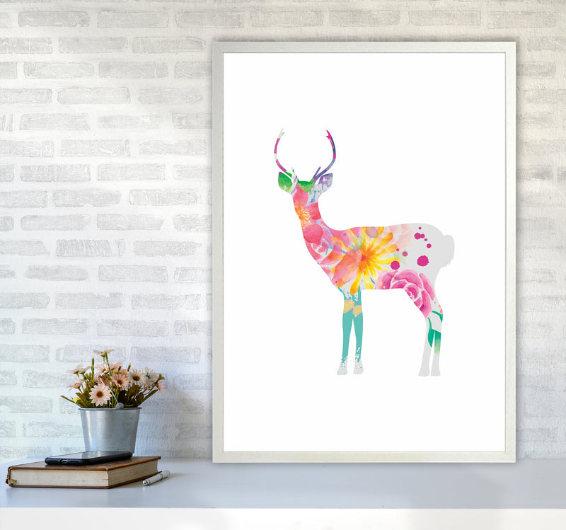 The Floral Deer Animal Art Print by Seven Trees Design A1 Oak Frame