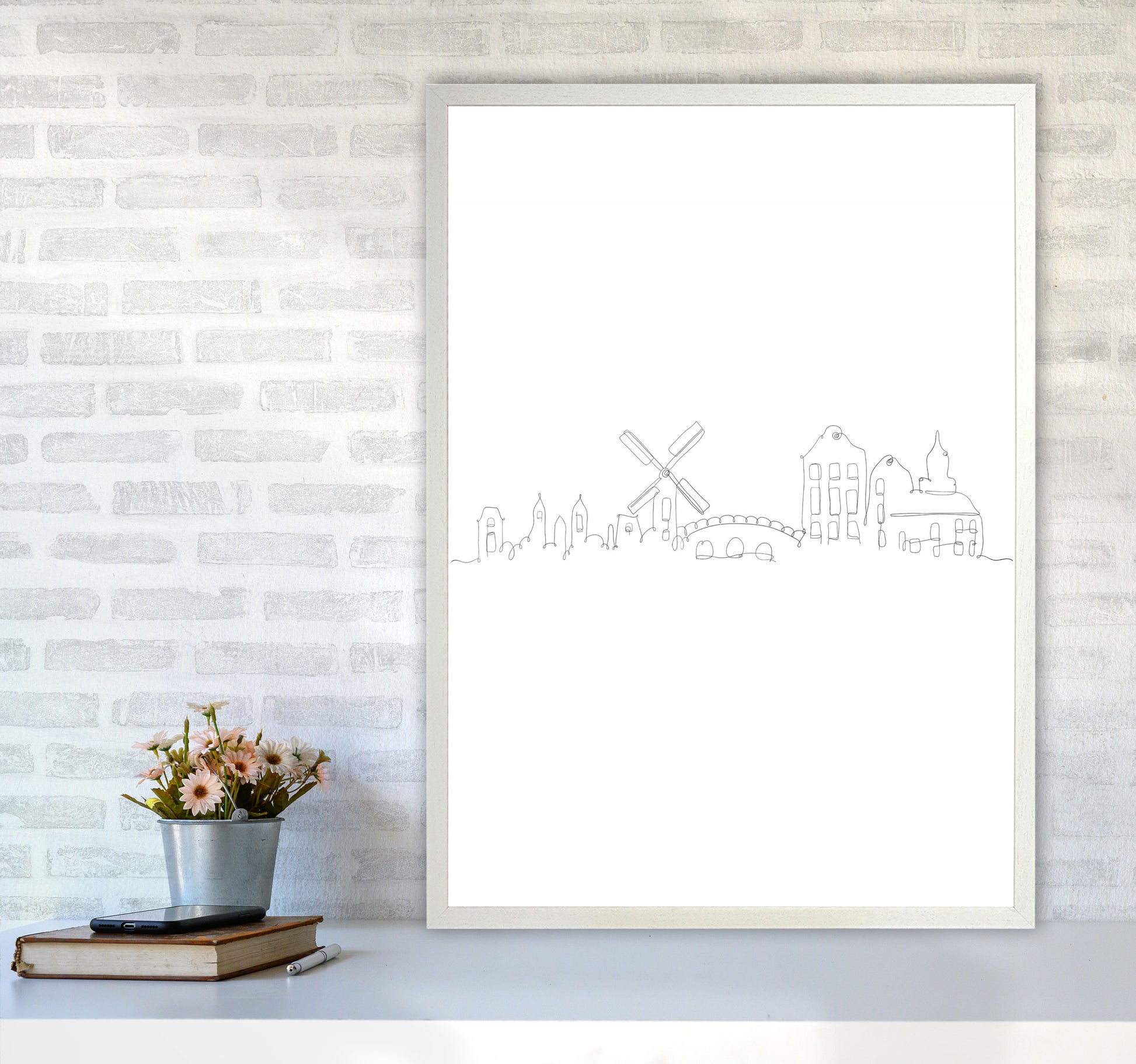 One Line Amsterdam Art Print by Seven Trees Design A1 Oak Frame