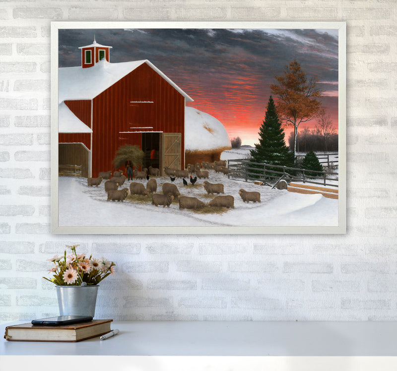Snowy Farm Art Print by Seven Trees Design A1 Oak Frame