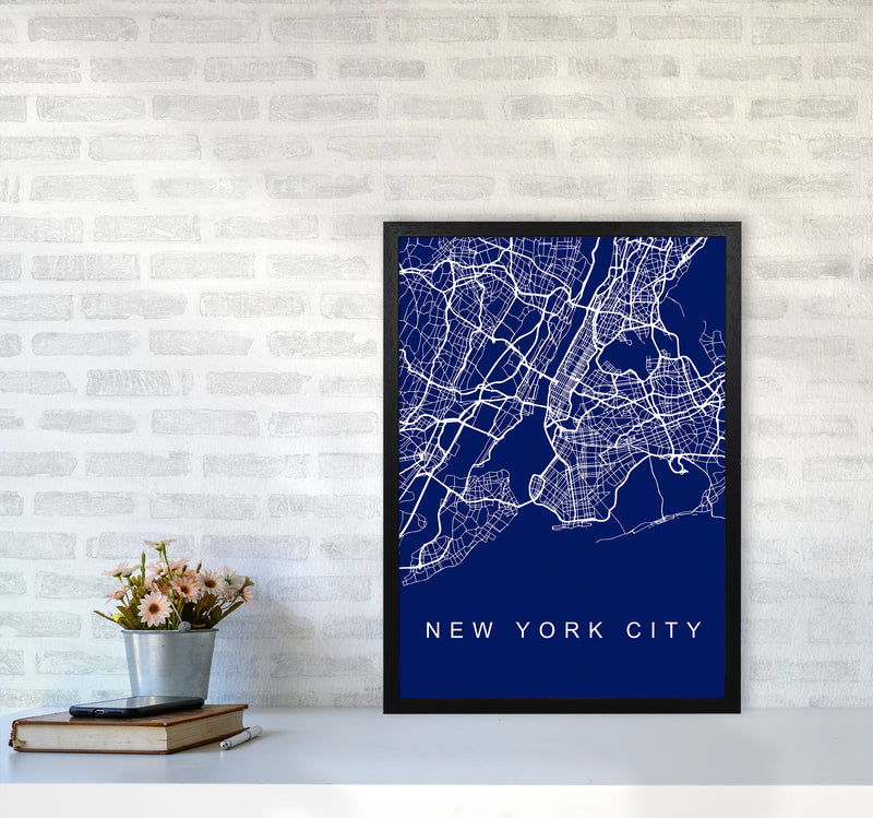 NYC Streets Blue Map Art Print by Seven Trees Design A2 White Frame