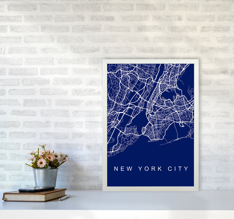 NYC Streets Blue Map Art Print by Seven Trees Design A2 Oak Frame