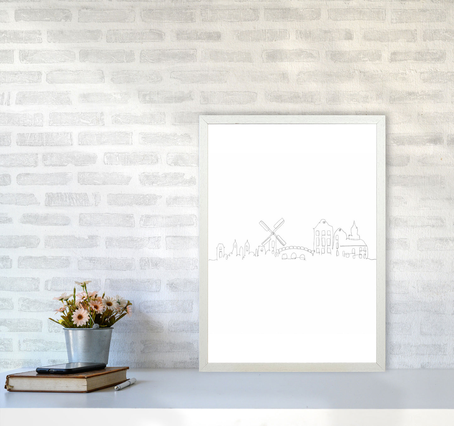 One Line Amsterdam Art Print by Seven Trees Design A2 Oak Frame