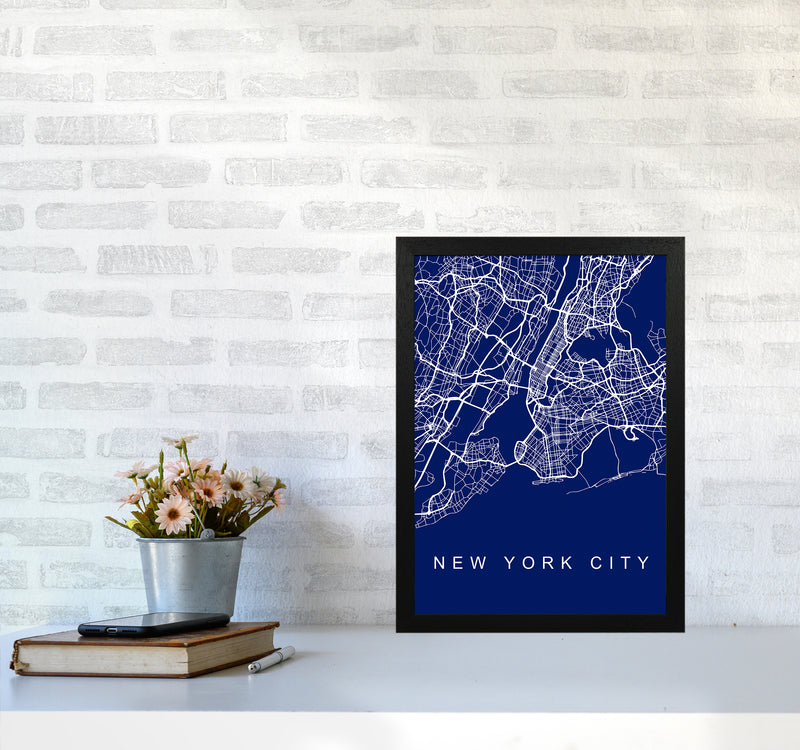 NYC Streets Blue Map Art Print by Seven Trees Design A3 White Frame