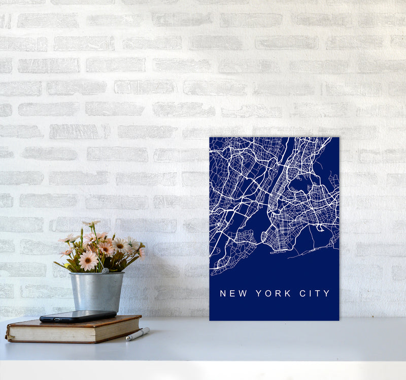 NYC Streets Blue Map Art Print by Seven Trees Design A3 Black Frame