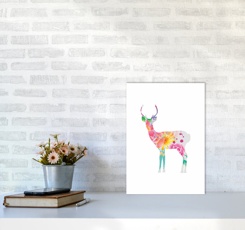 The Floral Deer Animal Art Print by Seven Trees Design A3 Black Frame