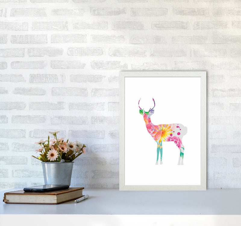 The Floral Deer Animal Art Print by Seven Trees Design A3 Oak Frame