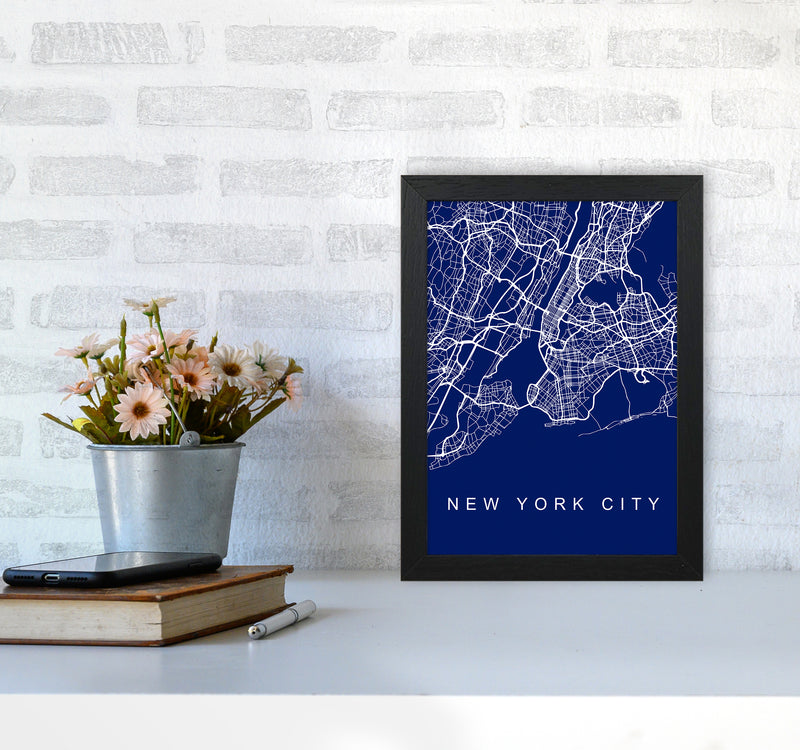 NYC Streets Blue Map Art Print by Seven Trees Design A4 White Frame