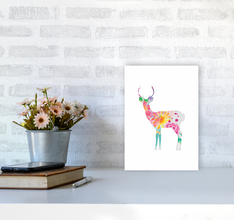The Floral Deer Animal Art Print by Seven Trees Design A4 Black Frame