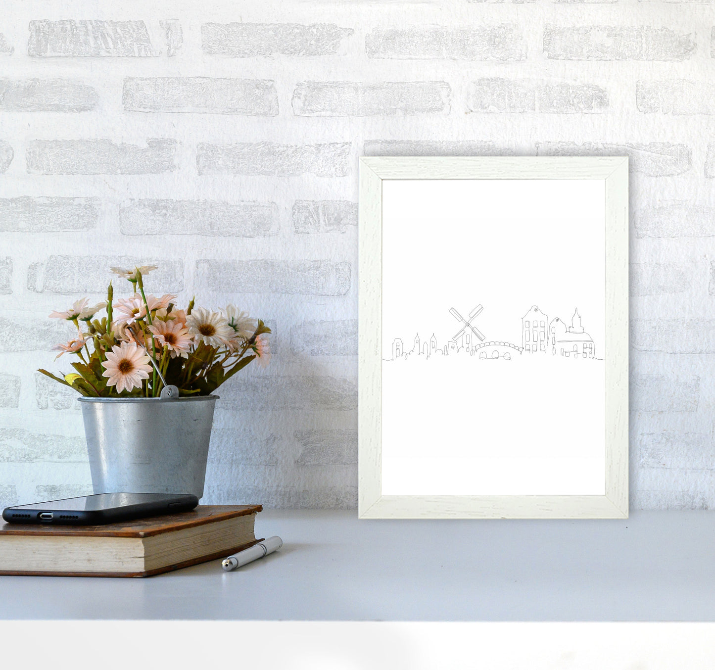 One Line Amsterdam Art Print by Seven Trees Design A4 Oak Frame