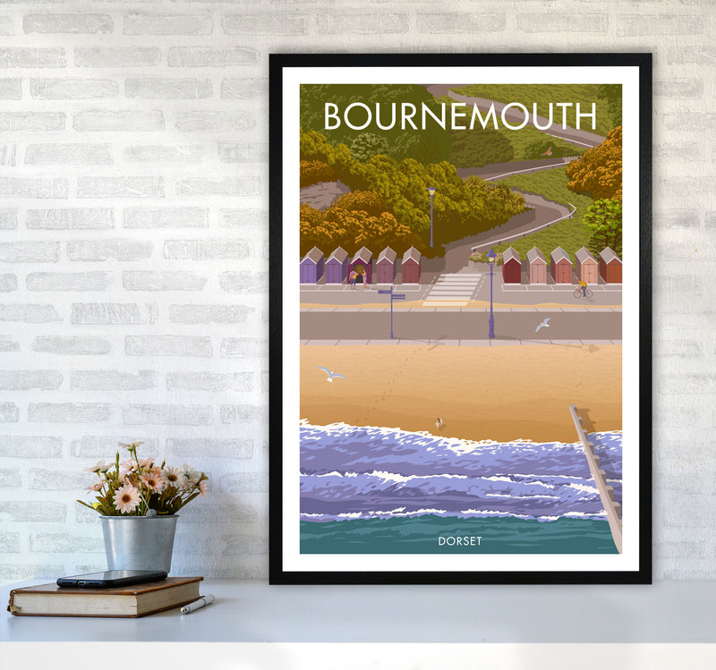 Bournemouth Huts Travel Art Print by Stephen Millership A1 White Frame