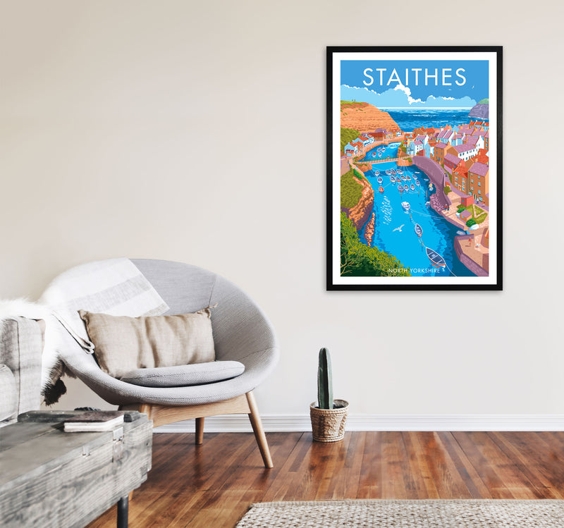 Staithes by Stephen Millership Yorkshire Art Print, Vintage Travel Poster A1 White Frame