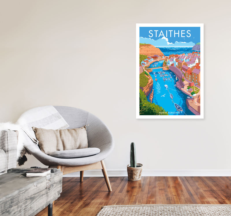Staithes by Stephen Millership Yorkshire Art Print, Vintage Travel Poster A1 Black Frame
