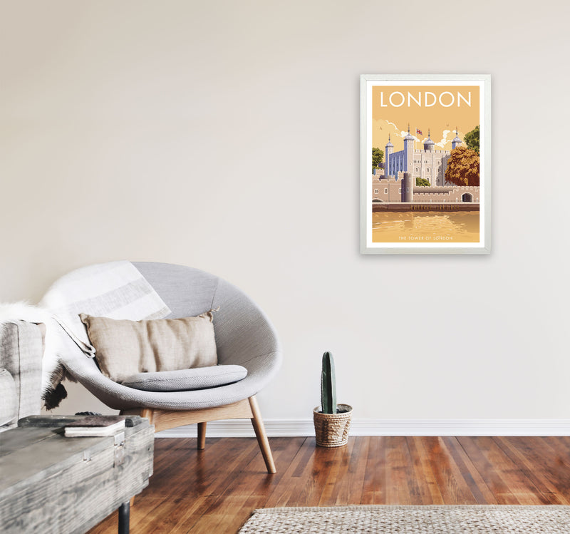 London Tower Travel Art Print by Stephen Millership, Vintage Framed Poster A2 Oak Frame