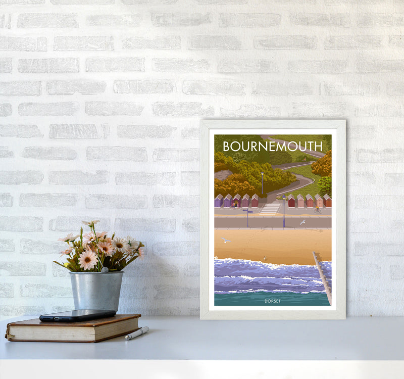 Bournemouth Huts Travel Art Print by Stephen Millership A3 Oak Frame