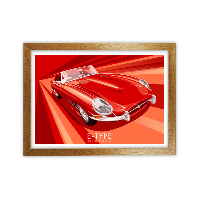 Jaguar E Type Art Print by Stephen Millership, Framed Transport Poster Oak Grain