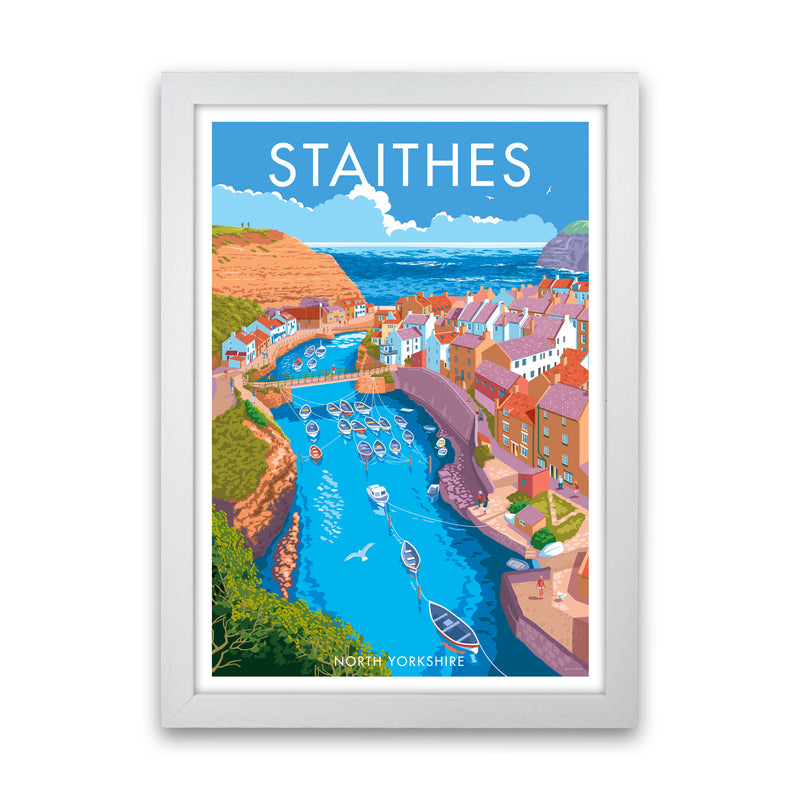 Staithes by Stephen Millership Yorkshire Art Print, Vintage Travel Poster White Grain