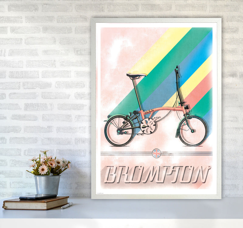 Brompton Vintage Cycling Print by Wyatt9 A1 Oak Frame