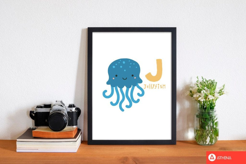 Alphabet animals, j is for jellyfish modern fine art print, framed childrens nursey wall art poster