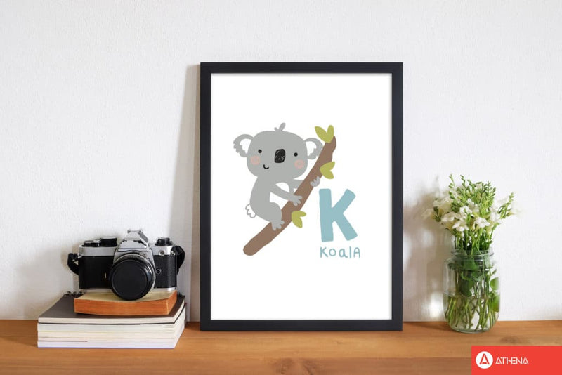 Alphabet animals, k is for koala modern fine art print, framed childrens nursey wall art poster