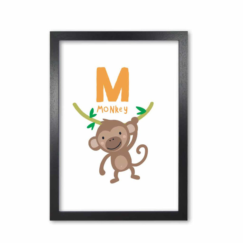 Alphabet animals, m is for monkey modern fine art print, framed childrens nursey wall art poster