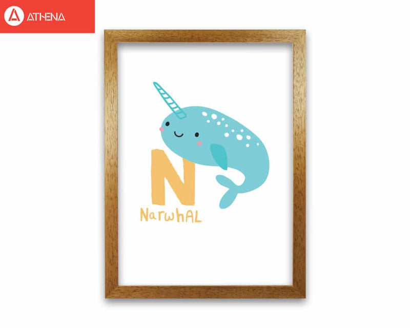 Alphabet animals, n is for narwhal modern fine art print, framed childrens nursey wall art poster