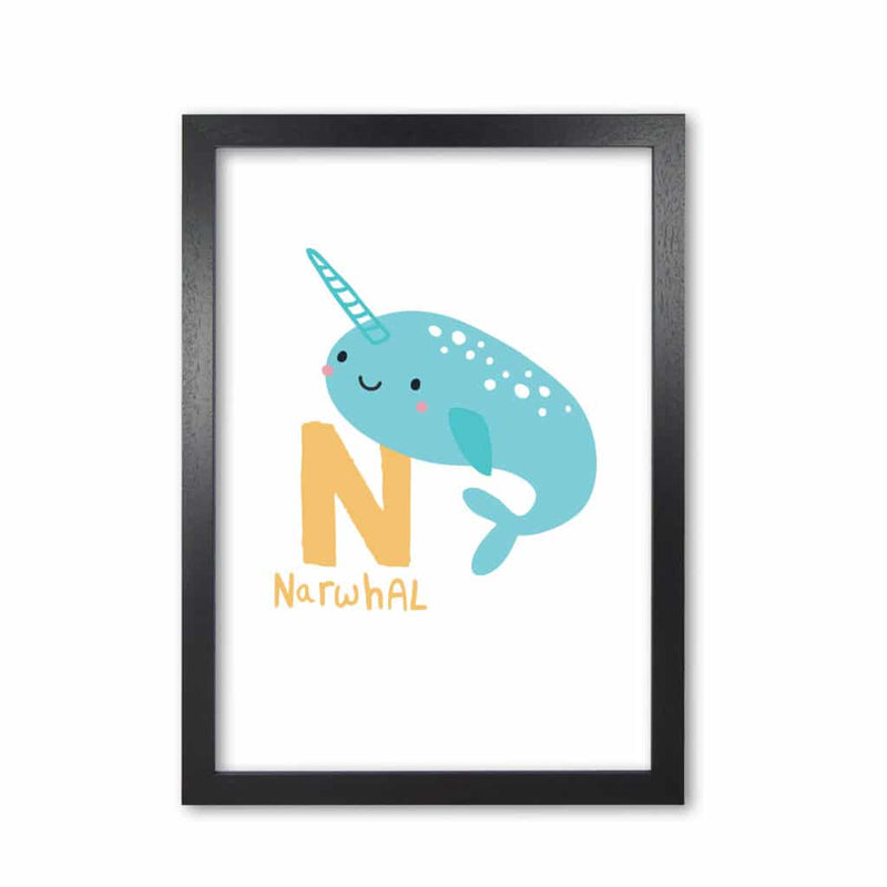 Alphabet animals, n is for narwhal modern fine art print, framed childrens nursey wall art poster