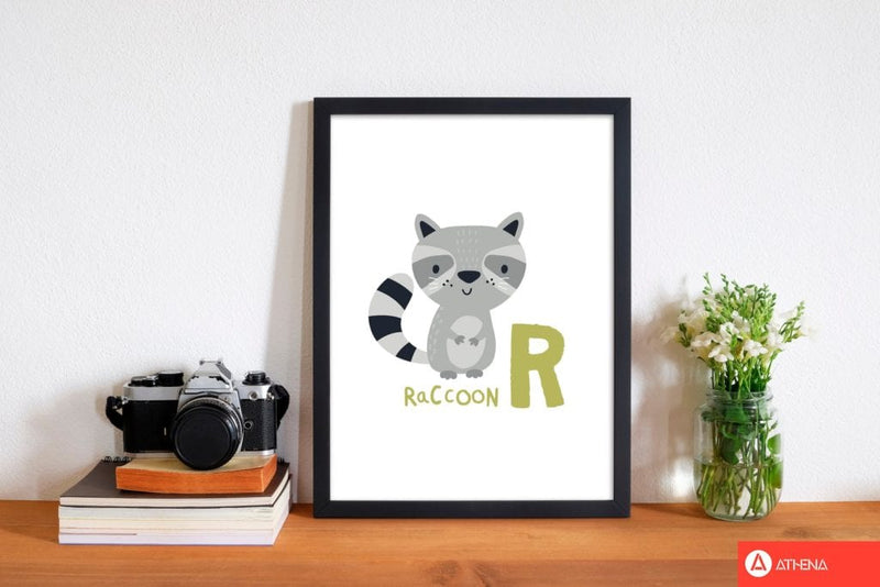 Alphabet animals, r is for raccoon modern fine art print, framed childrens nursey wall art poster
