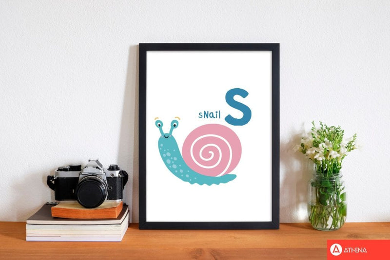 Alphabet animals, s is for snail modern fine art print, framed childrens nursey wall art poster