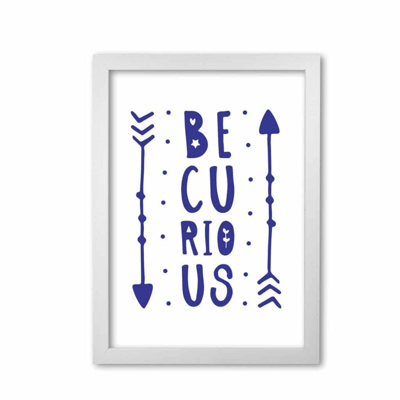 Be curious navy modern fine art print, framed typography wall art