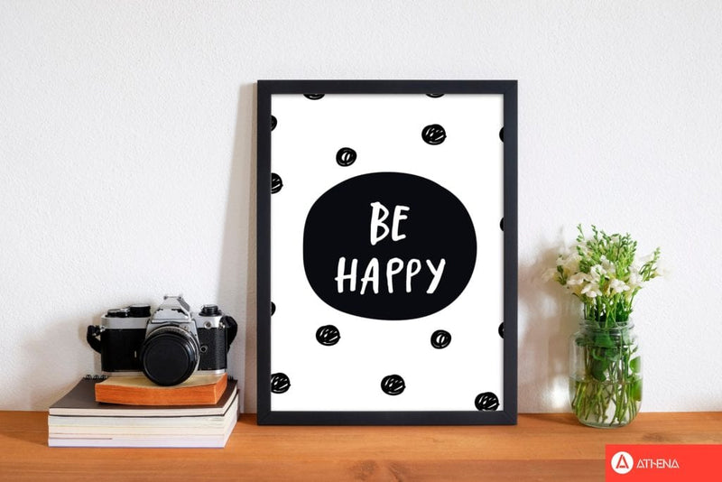 Be happy polka dot modern fine art print, framed typography wall art
