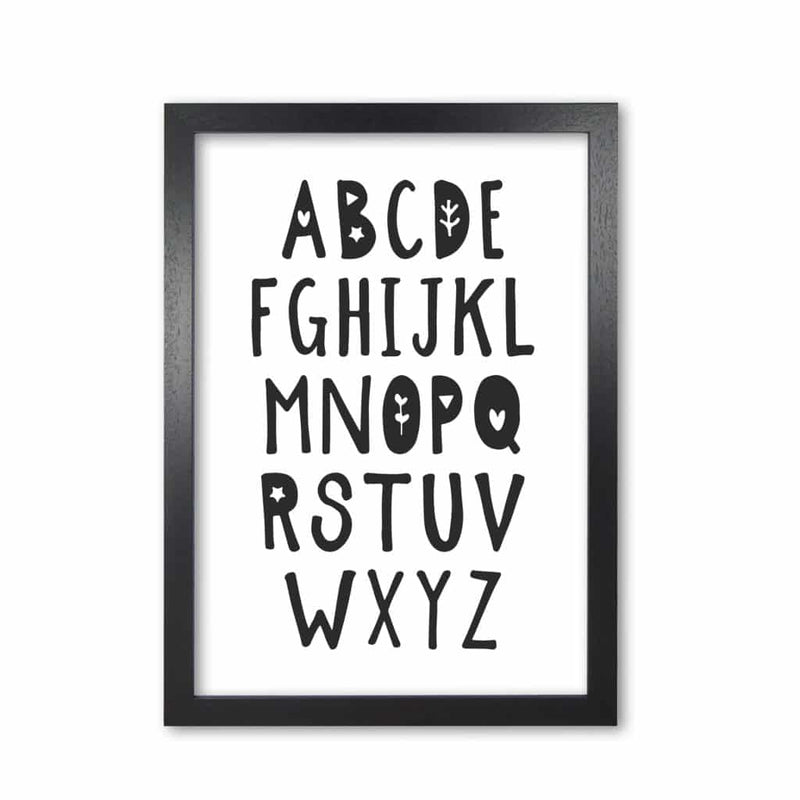 Black alphabet modern fine art print, framed childrens nursey wall art poster