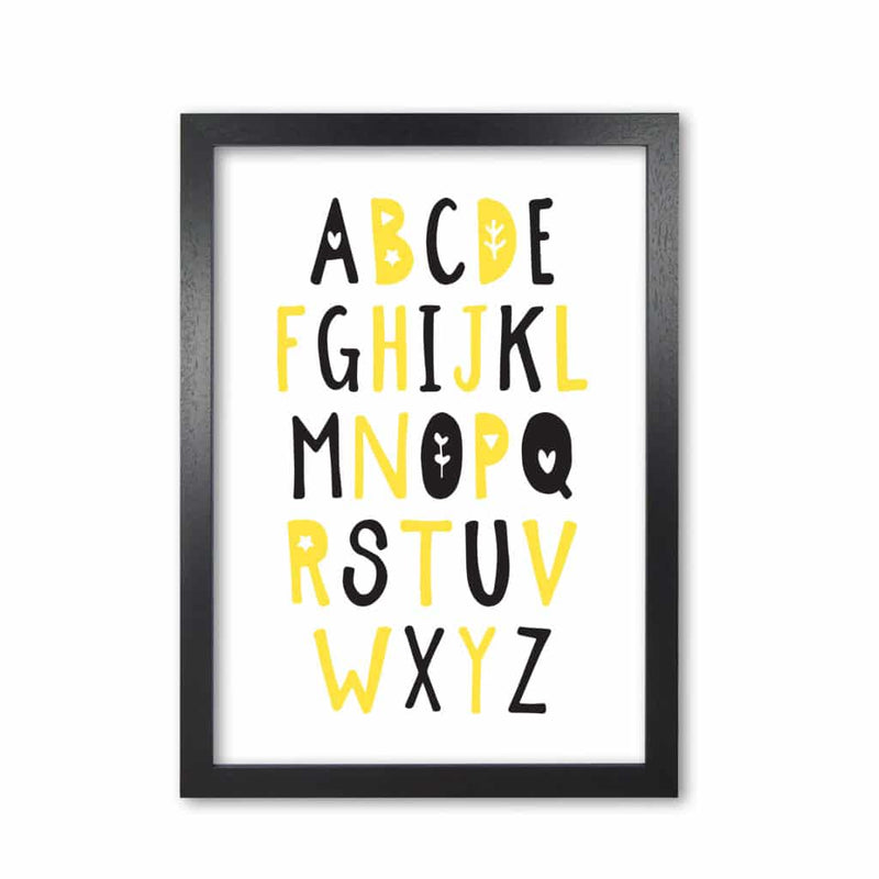 Black and yellow alphabet modern fine art print, framed childrens nursey wall art poster