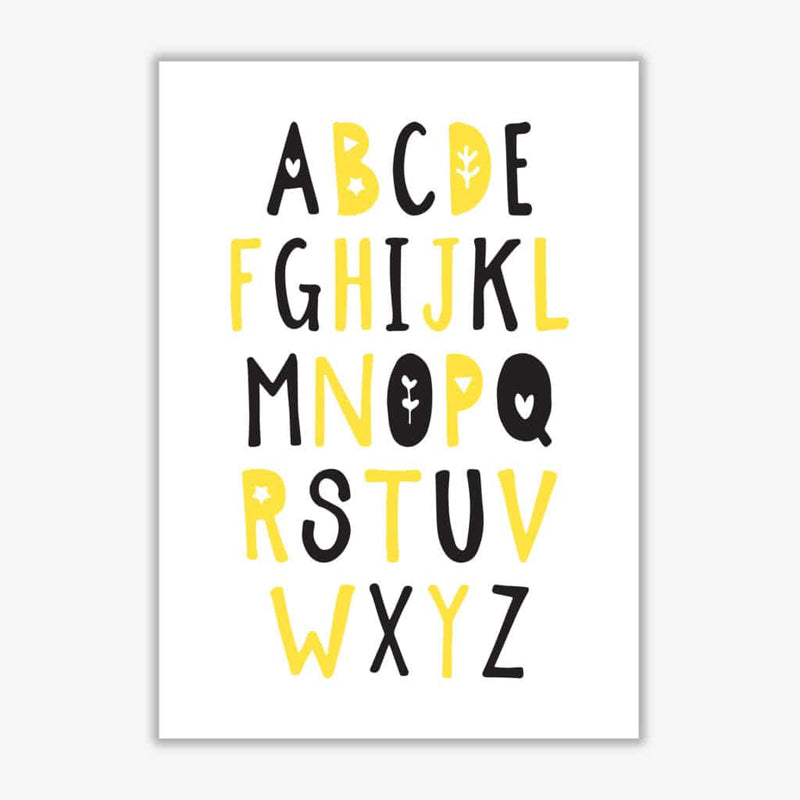 Black and yellow alphabet modern fine art print, framed childrens nursey wall art poster