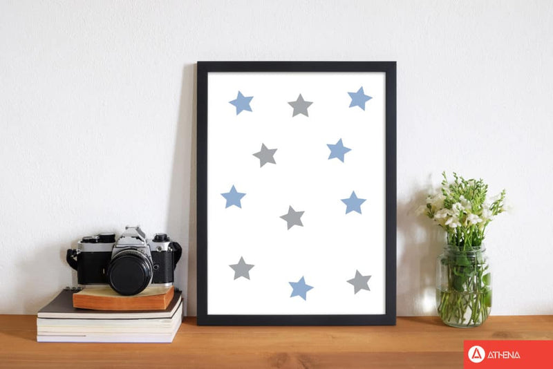 Blue and grey stars modern fine art print, framed childrens nursey wall art poster