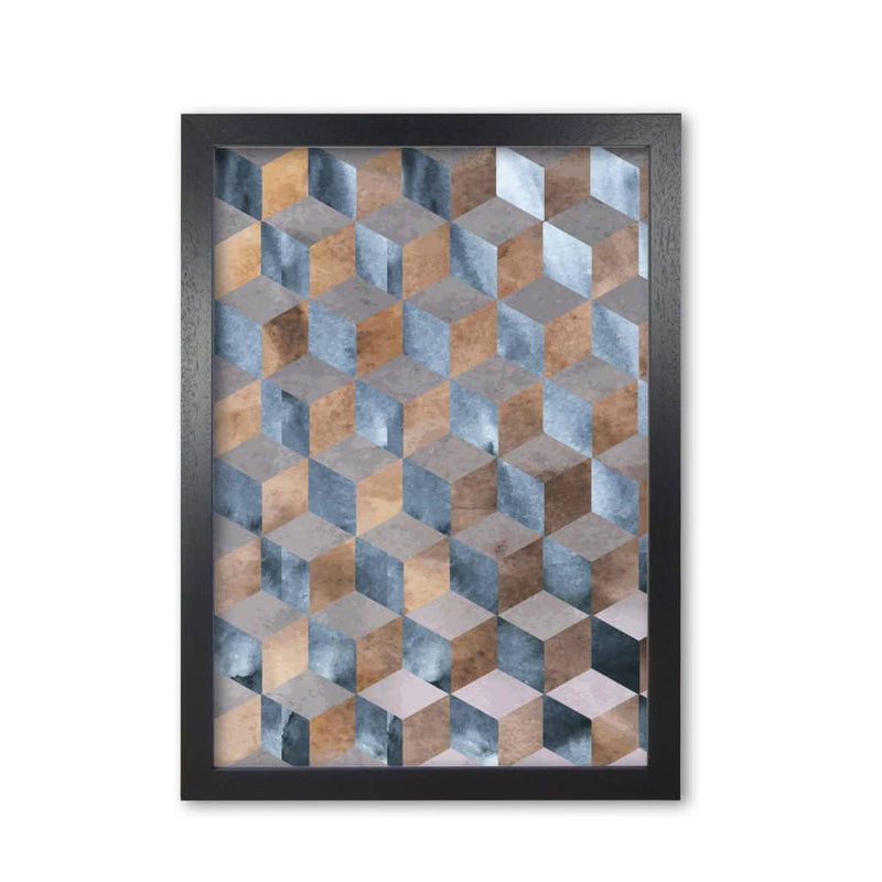 Blue, grey and brown abstract watercolour box modern fine art print