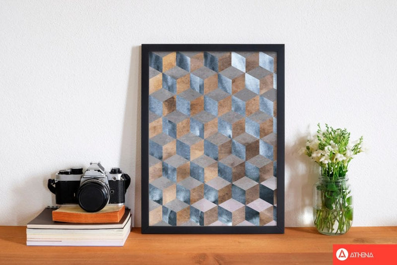 Blue, grey and brown abstract watercolour box modern fine art print