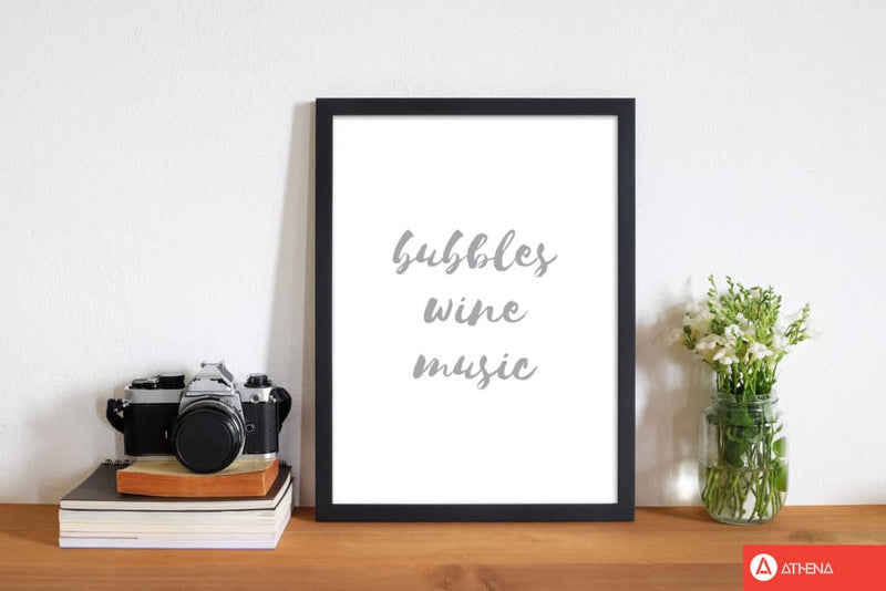 Bubbles wine music grey, bathroom modern fine art print, framed typography wall art