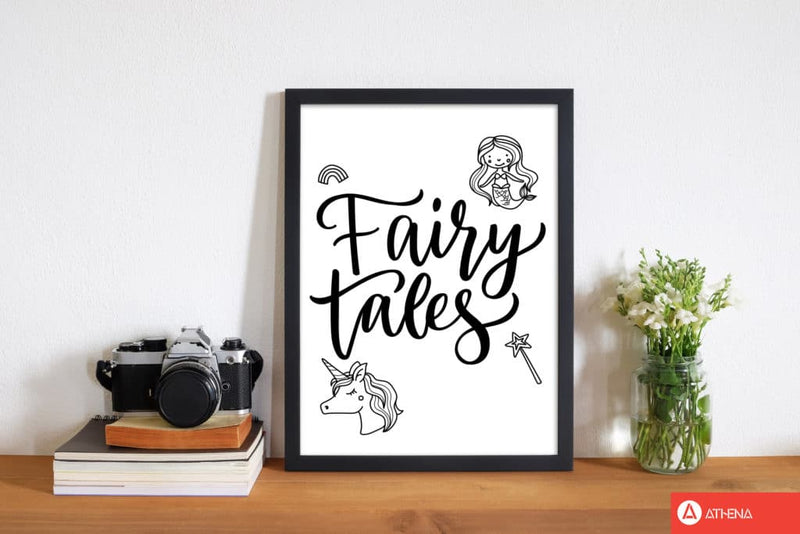 Fairy tales black modern fine art print, framed childrens nursey wall art poster