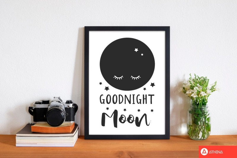 Goodnight moon black modern fine art print, framed childrens nursey wall art poster