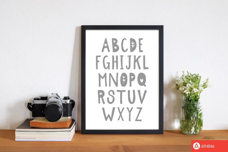 Grey alphabet modern fine art print, framed childrens nursey wall art poster