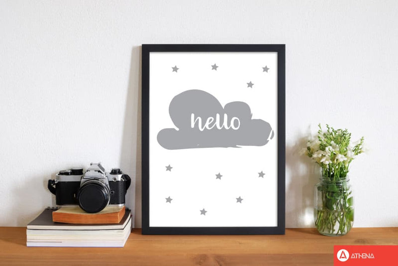 Hello cloud grey modern fine art print, framed childrens nursey wall art poster